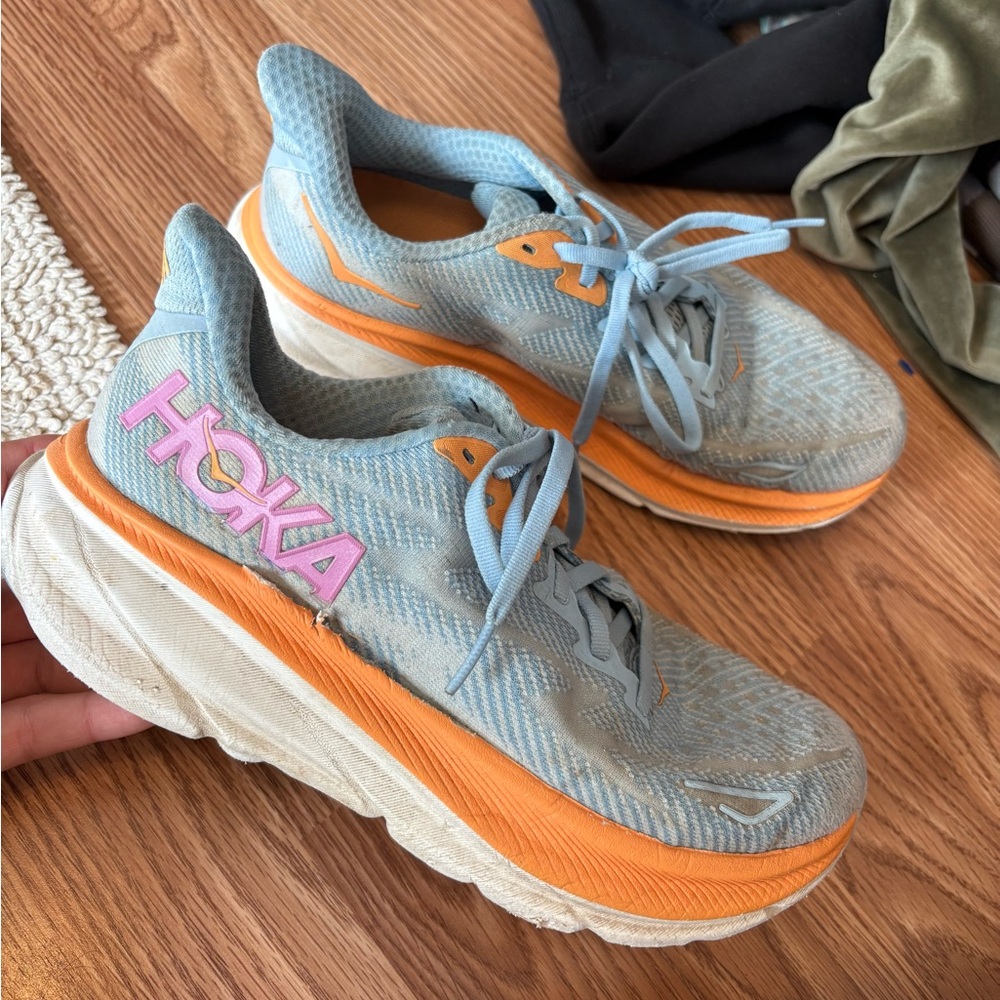 Hoka Light Blue and Orange Sneakers